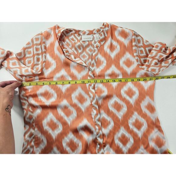Chicos ikat orange southwestern style button up Lightweight top sz 1 (M) medium - Picture 6 of 7